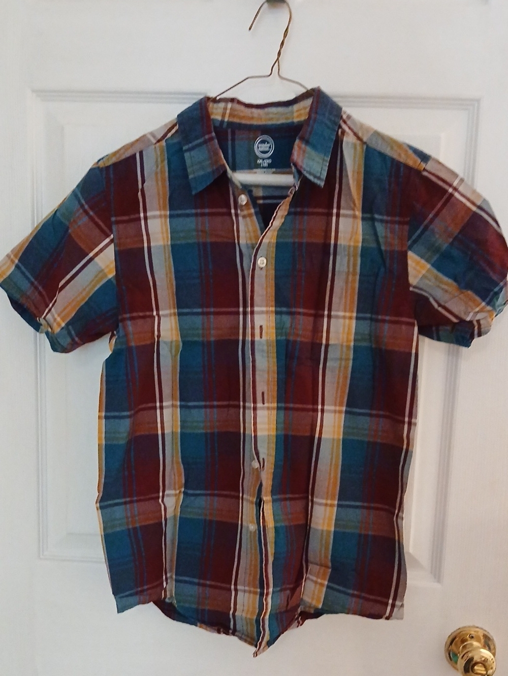 Boy's Short-Sleeve Plaid Shirt - Blue, Burgundy & Mustard